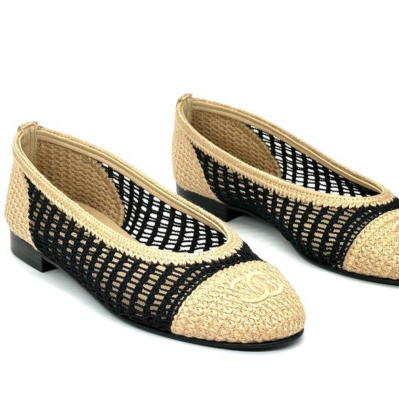 CHANEL 25P CC Raffia Crochet Woven Two Tone Cap Toe Ballerina Ballet Flats - Picture 12 of 15